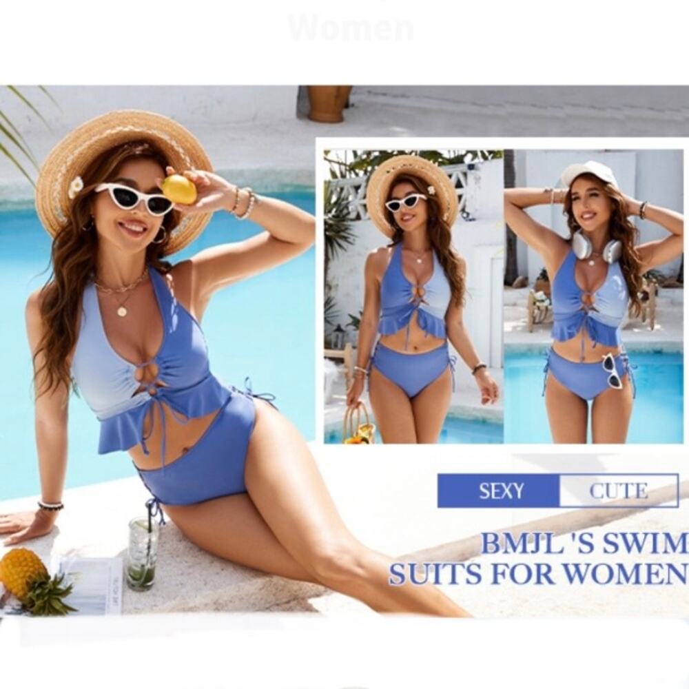 BMJL Women Blue Colorblock High Waisted Bikini Halter Ruffle Tie Side L 2Pc